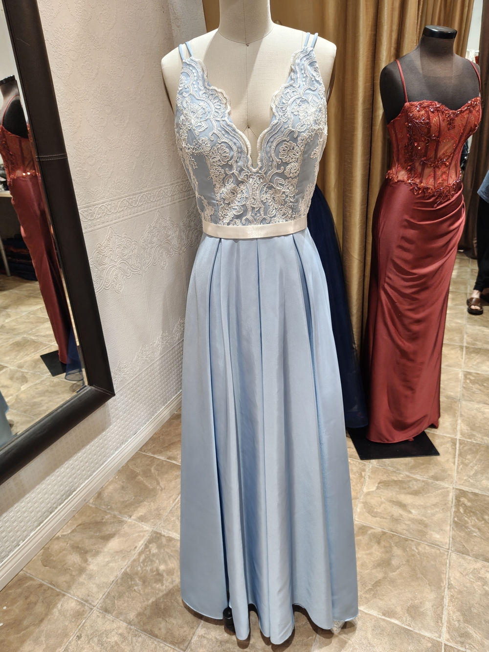 Elegant Light Blue Lace Bodice Evening Dress